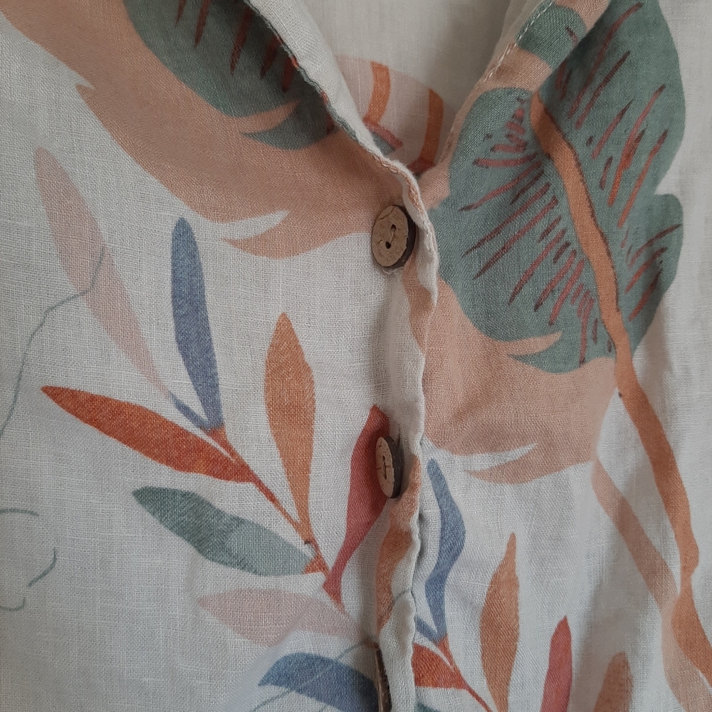 Floral Neutral Linen Cropped Camp Shirt - XS - Picture 2 of 6